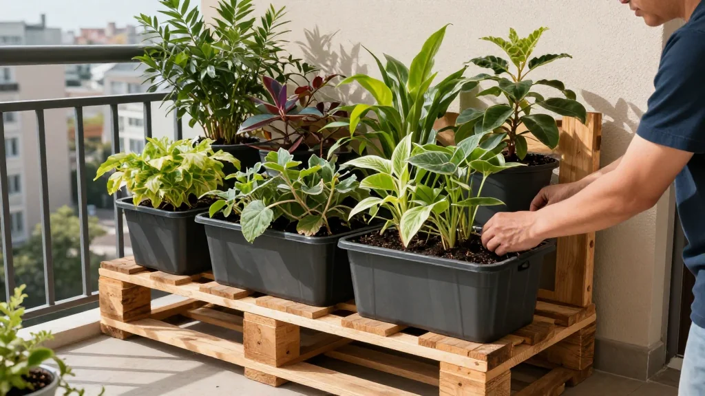 Huerto urbano con palets de madera paso a paso en maceta &mdash; Latinoam&eacute;rica